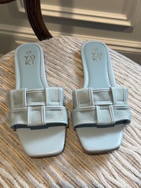 Yoki Women's Pale Blue Woven-Detail Slide Sandals